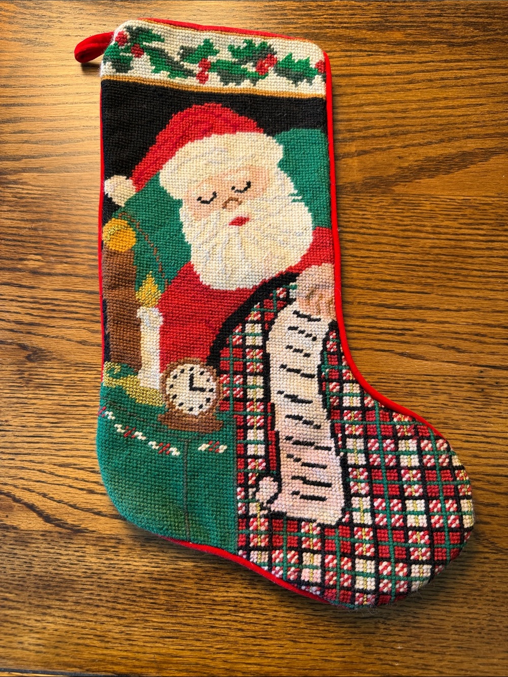 Vintage Hand Needlepoint Christmas Stocking Santa Naughty Nice Wool Holiday